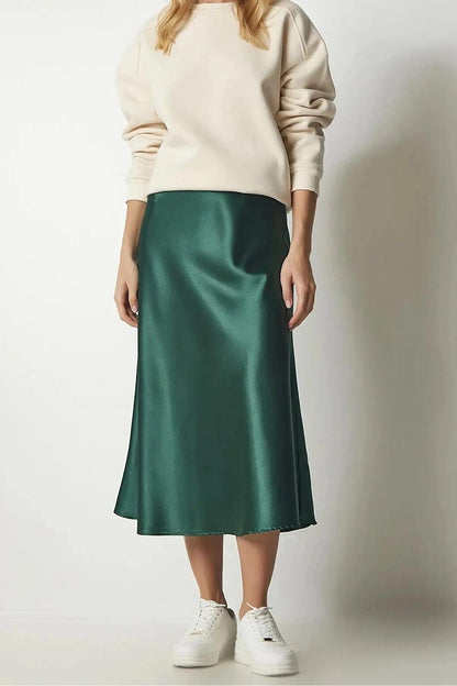 Women's Emerald Green Satin Finish Midi Length Skirt HZL23S-BD1101471