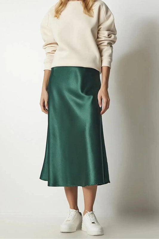 Women's Emerald Green Satin Finished Midi Length Skirt with Elastic Waist Hzl23s-bd1101471