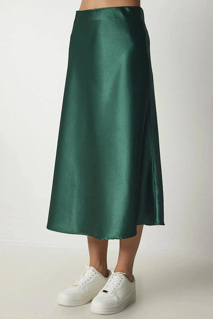 Women's Emerald Green Satin Finish Midi Length Skirt HZL23S-BD1101471