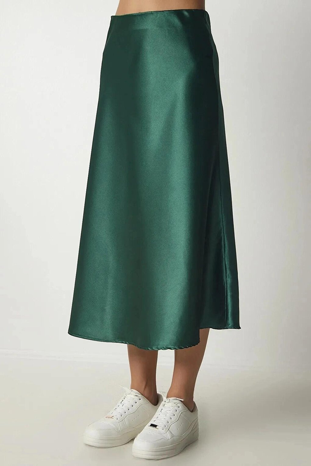 Women's Emerald Green Satin Finished Midi Length Skirt with Elastic Waist Hzl23s-bd1101471