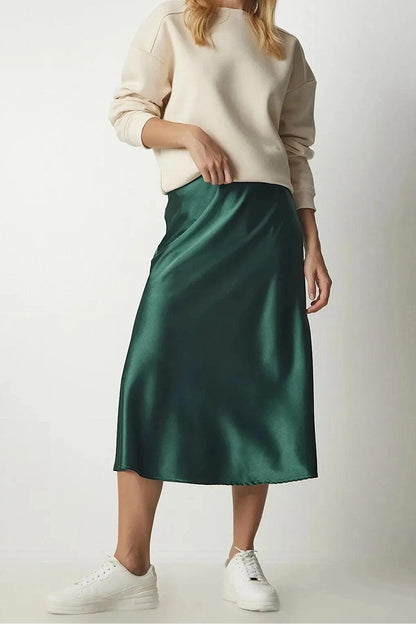 Women's Emerald Green Satin Finished Midi Length Skirt with Elastic Waist Hzl23s-bd1101471