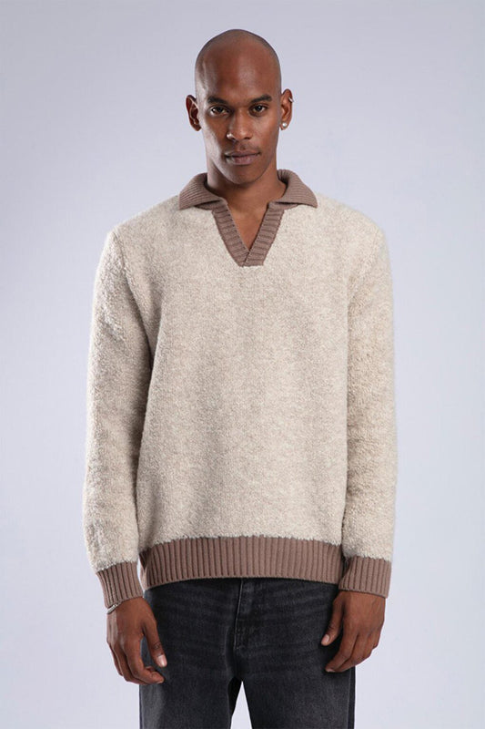 Beige Polo Neck Plush Sweater 3YXE2-47567-25