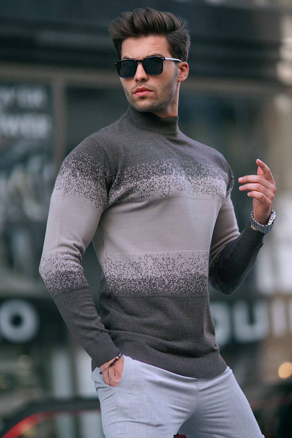 Brown Turtleneck Patterned Sweater 6845