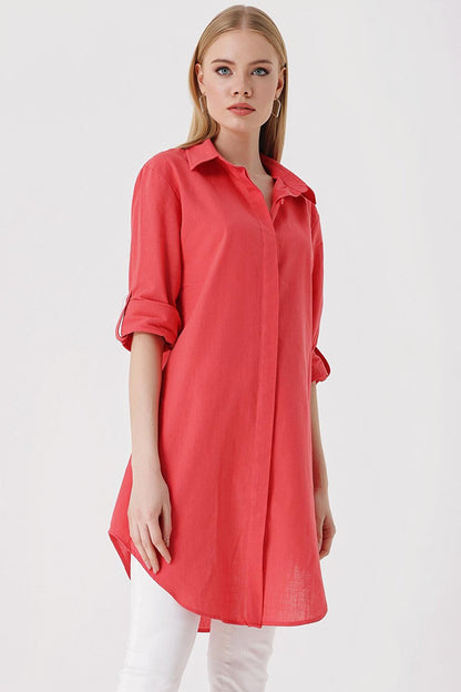 5885 Long Linen Shirt - Pomegranate