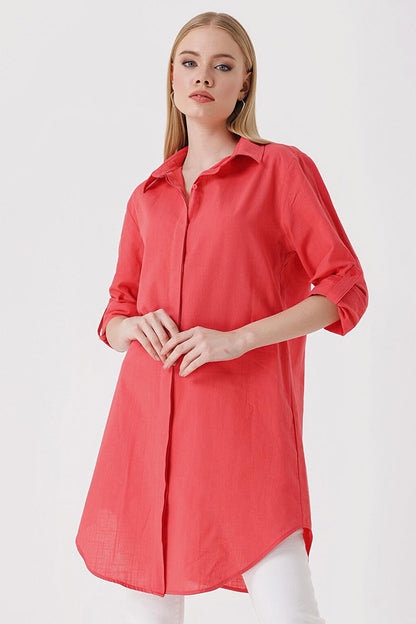 5885 Long Linen Shirt - Pomegranate