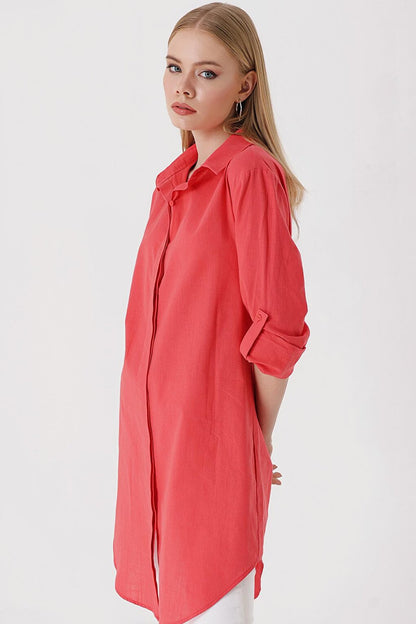 5885 Long Linen Shirt - Pomegranate