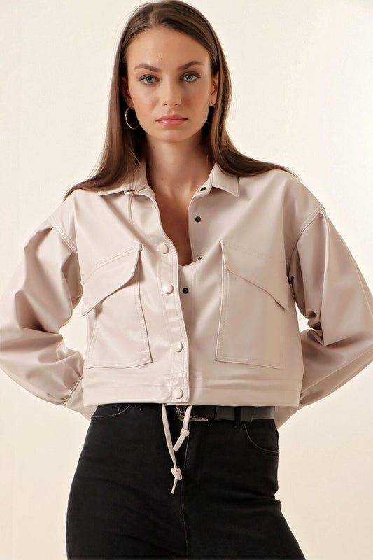 Women's Cream Short Faux Leather Pocket Detailed Balloon Sleeve Crop Jacket