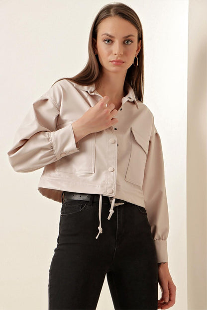 Women's Cream Short Faux Leather Pocket Detailed Balloon Sleeve Crop Jacket