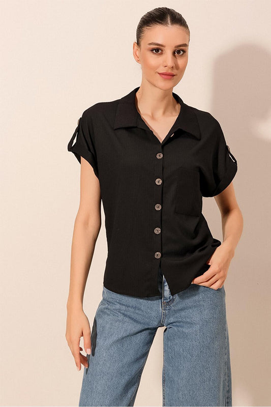 20182 - Women's Double Sleeve Crinkle Shirt - Black