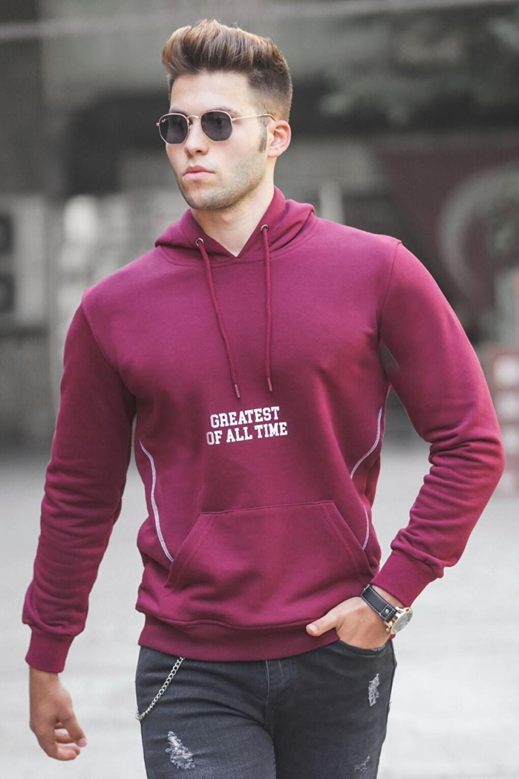 Claret Red Printed Hooded Sweatshirt 5292