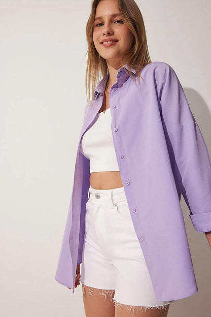 Women's Lilac Plain Plain Araboy Basic Oversize Shirt