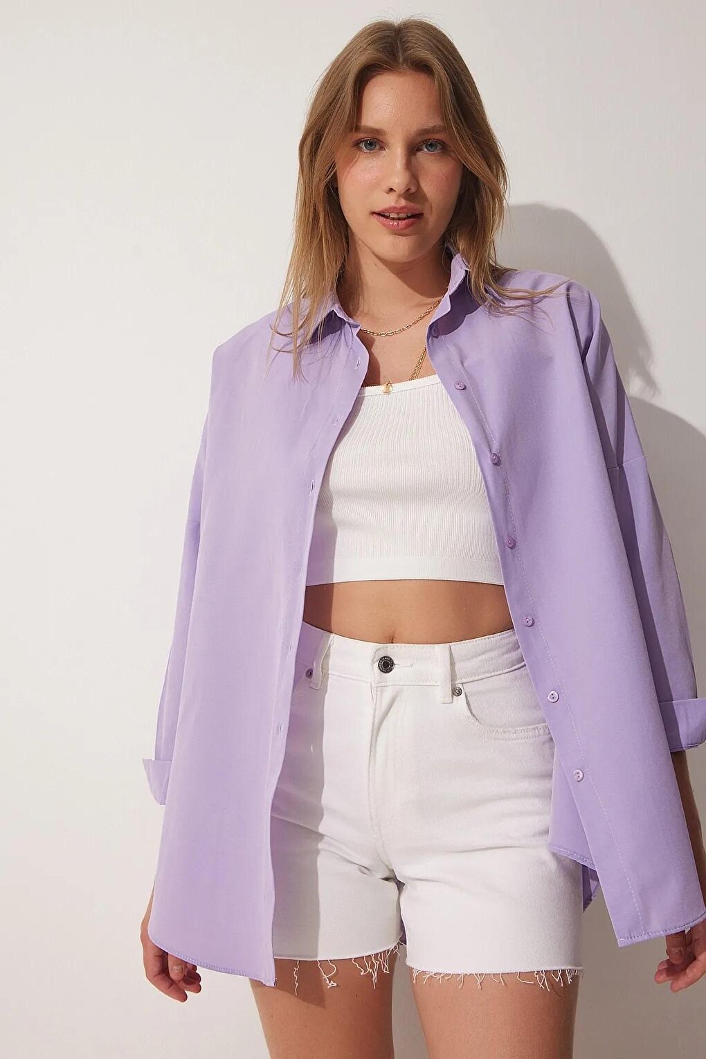 Women's Lilac Plain Plain Araboy Basic Oversize Shirt