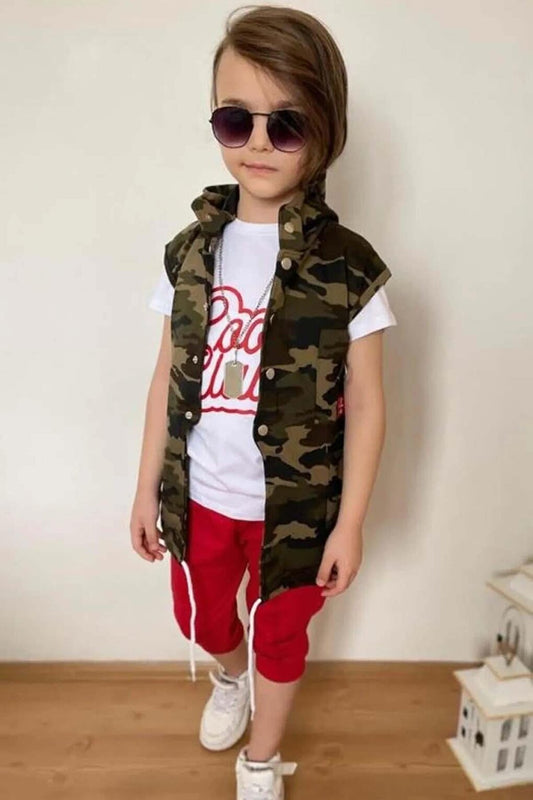 Boy's Camouflage White Tracksuit with Printed Text and Snap Button Detail