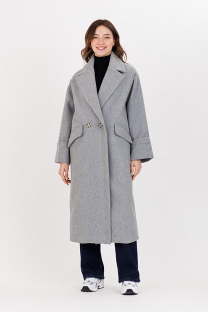 Women's Gray Herringbone Pattern Maxi Length Oversize Coat