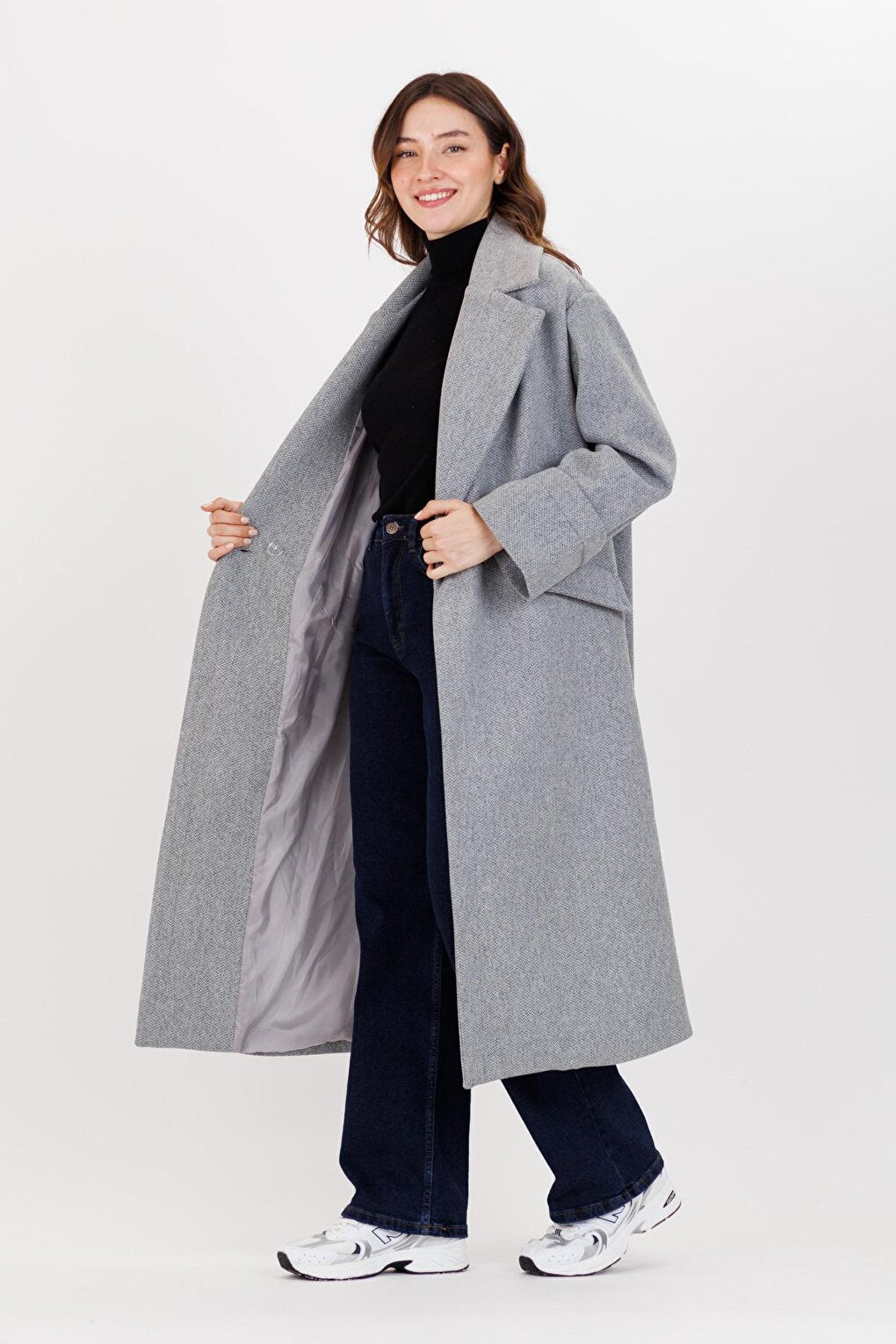 Women's Gray Herringbone Pattern Maxi Length Oversize Coat