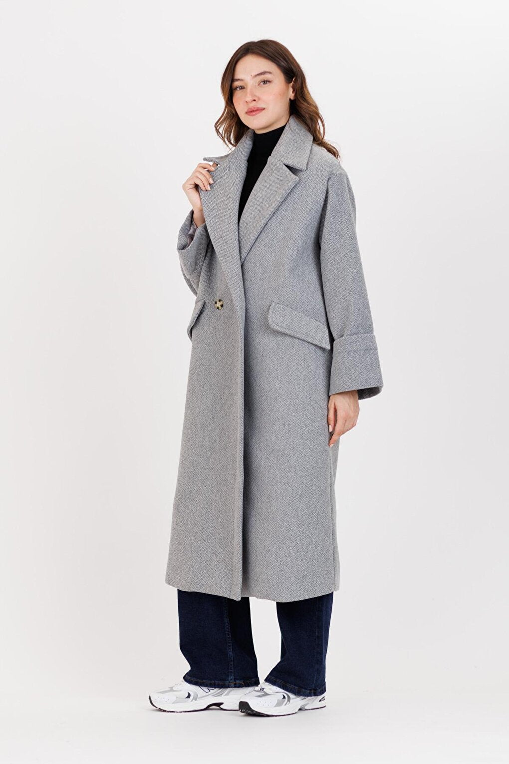 Women's Gray Herringbone Pattern Maxi Length Oversize Coat