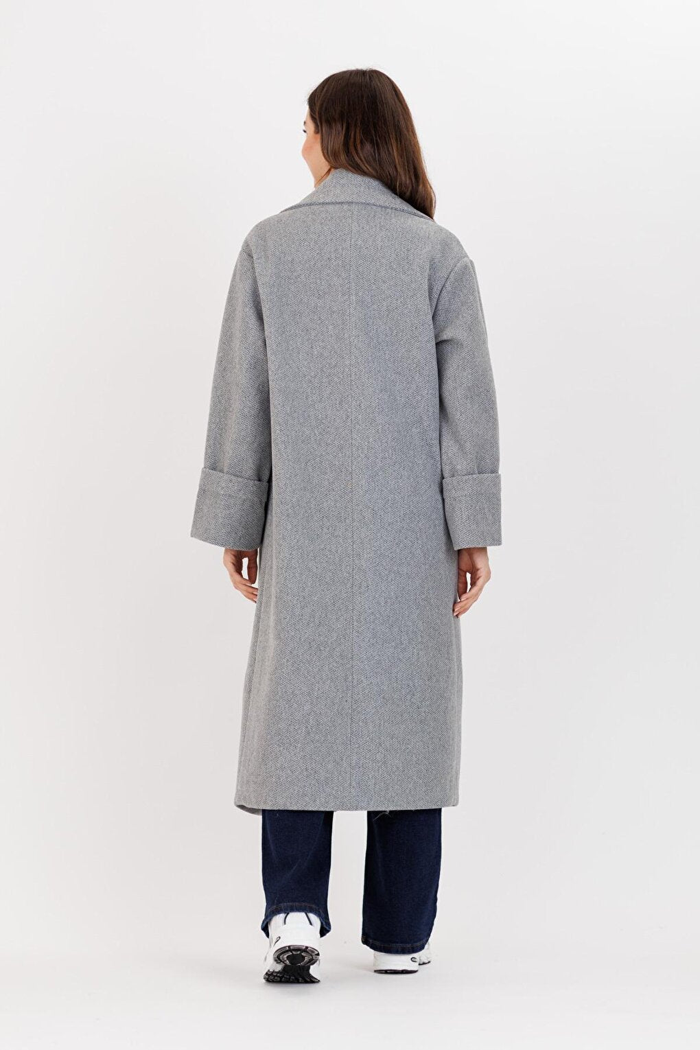 Women's Gray Herringbone Pattern Maxi Length Oversize Coat