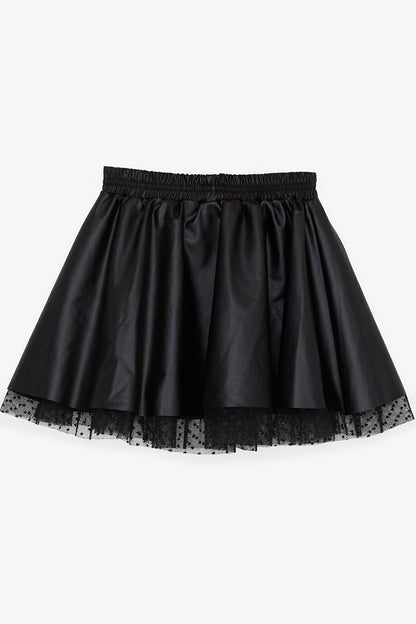 Girl's Faux Leather Skirt Tulle with Elastic Waist Black (8-12 Years)