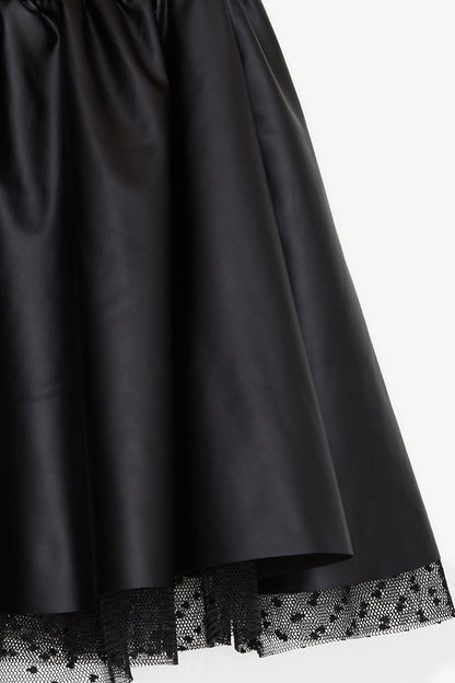 Girl's Faux Leather Skirt Tulle with Elastic Waist Black (8-12 Years)