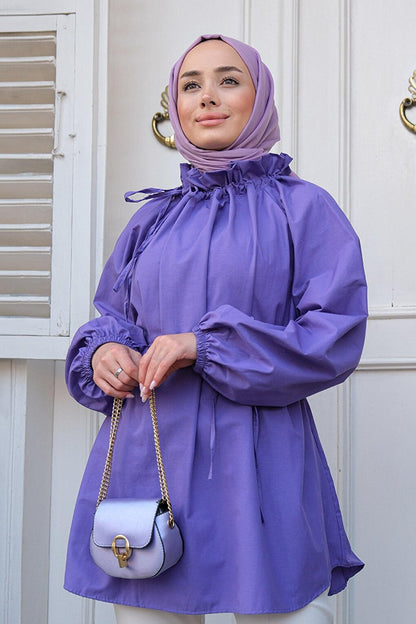 Gathered Collar Waist Tunic Purple