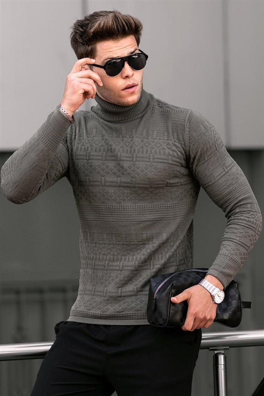 Khaki Turtleneck Patterned Sweater 4661-2