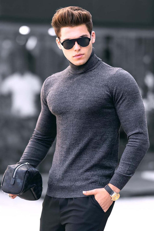 Anthracite Turtleneck Front Patterned Sweater 4657