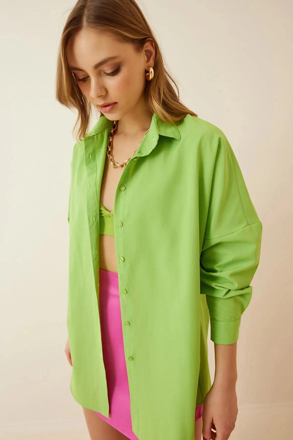 Light Green Plain Plain Araboy Basic Oversize Shirt