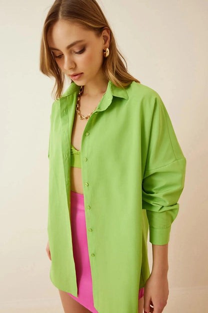 Light Green Plain Plain Araboy Basic Oversize Shirt