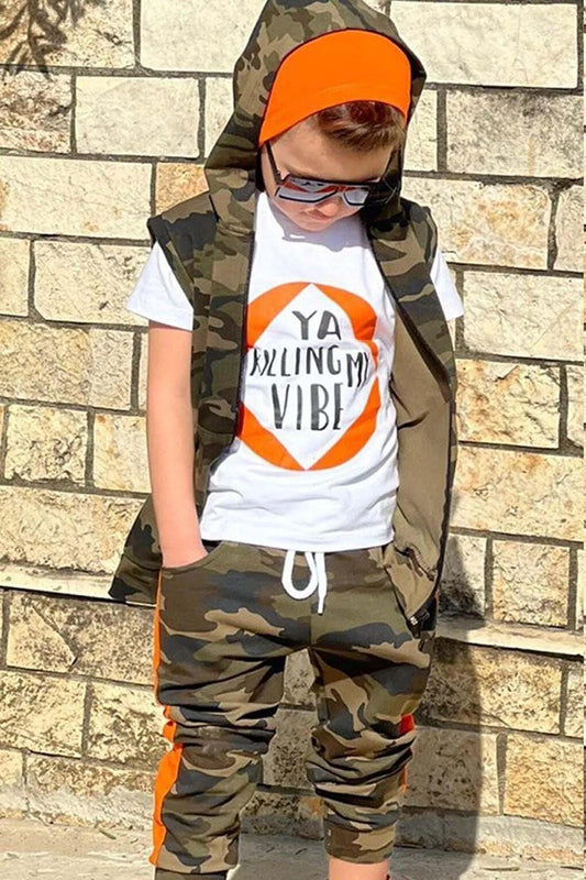 Boy's Camouflage Patterned Zippered and Text Printed Vest Orange Tracksuit Set