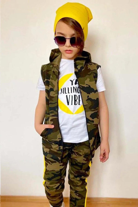 Boy's Camouflage Patterned Zippered and Text Printed Vest Yellow Tracksuit