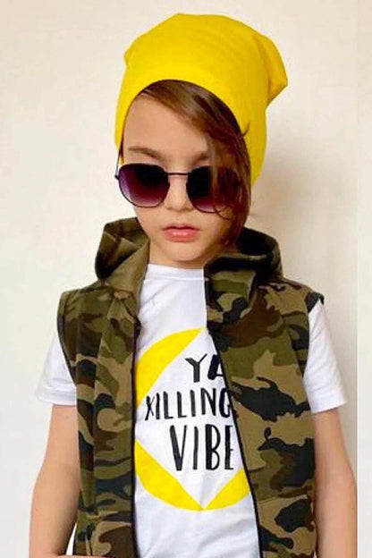 Boy's Camouflage Patterned Zippered and Text Printed Vest Yellow Tracksuit