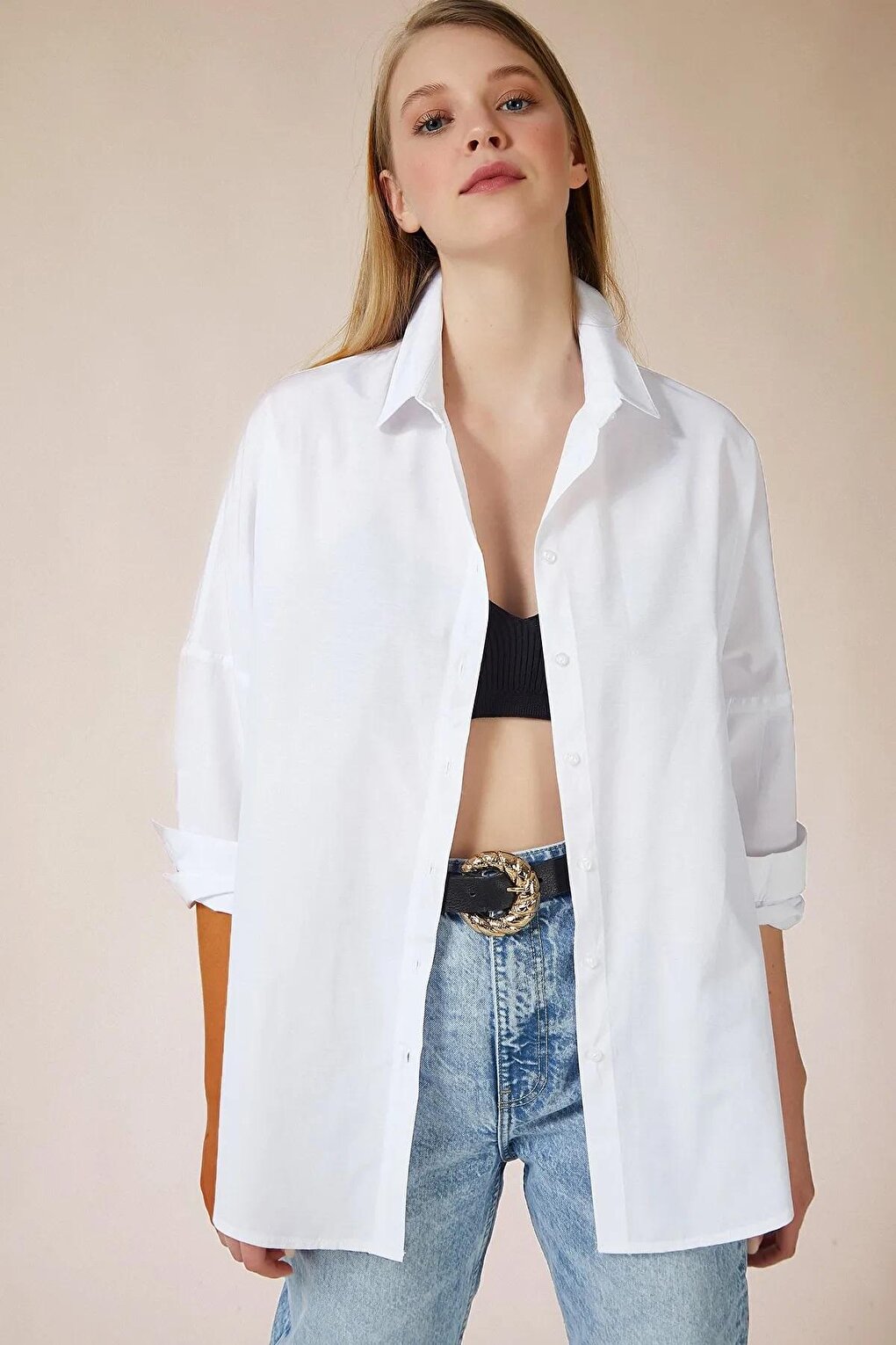 Women's White Plain Plain Araboy Basic Oversize Shirt