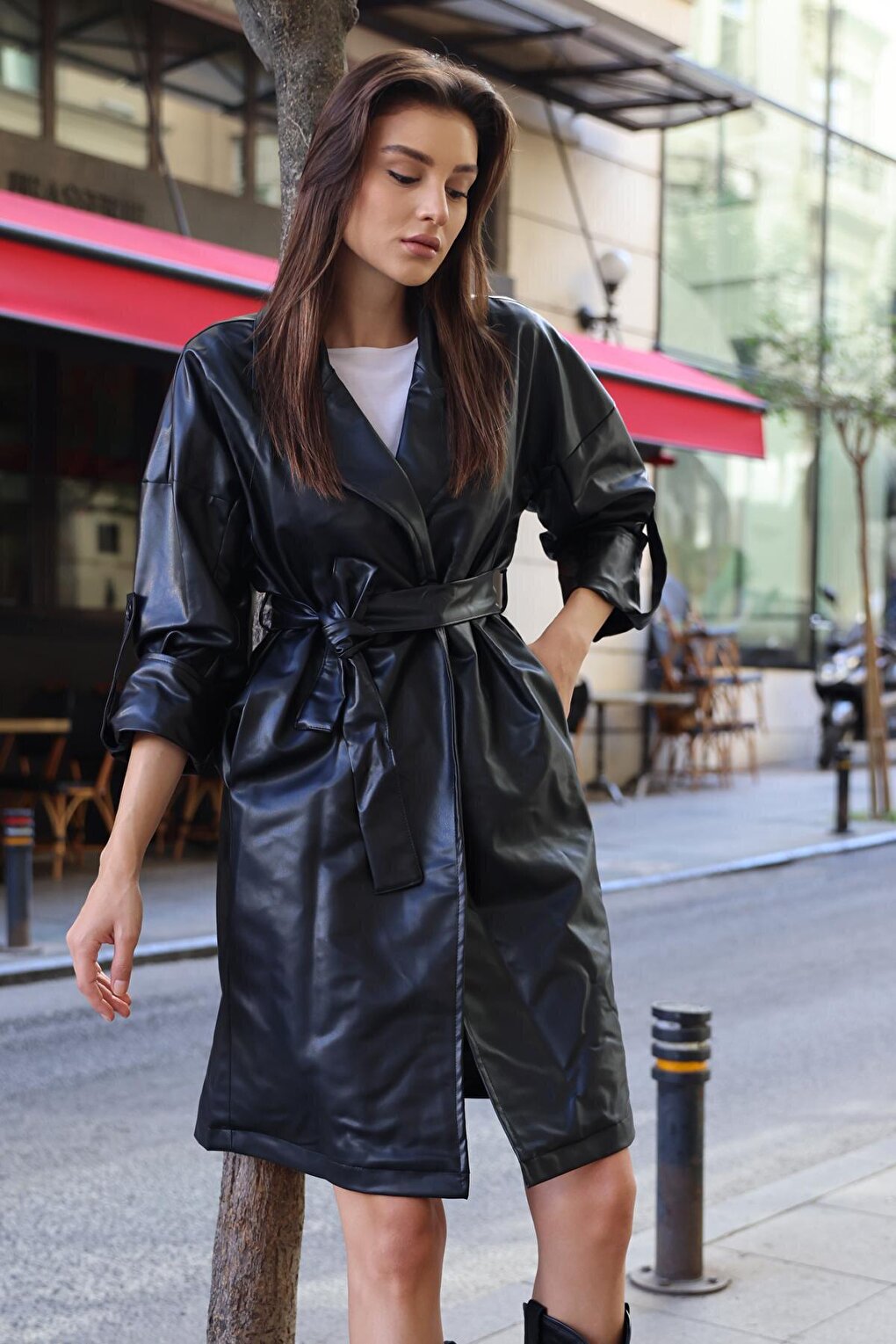 1034 Belted Faux Leather Trench Coat - Black