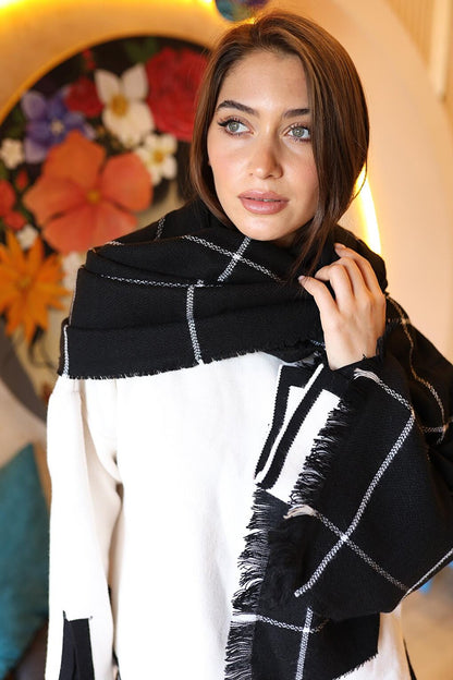 Square Patterned Scarf Shoulder Shawl 70X180 cm 1210 Black