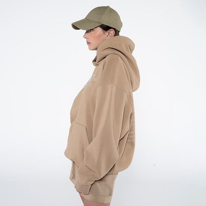 Noche Women's Dark Beige Kangaroo Pocket Hooded Extra Oversize Sweatshirt Hoodie