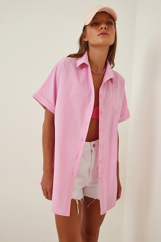 Women's Pink Oversize Long Short Sleeve Basic Poplin Shirt