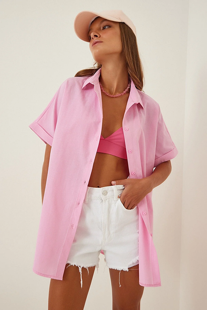 Women's Pink Oversize Long Short Sleeve Basic Poplin Shirt