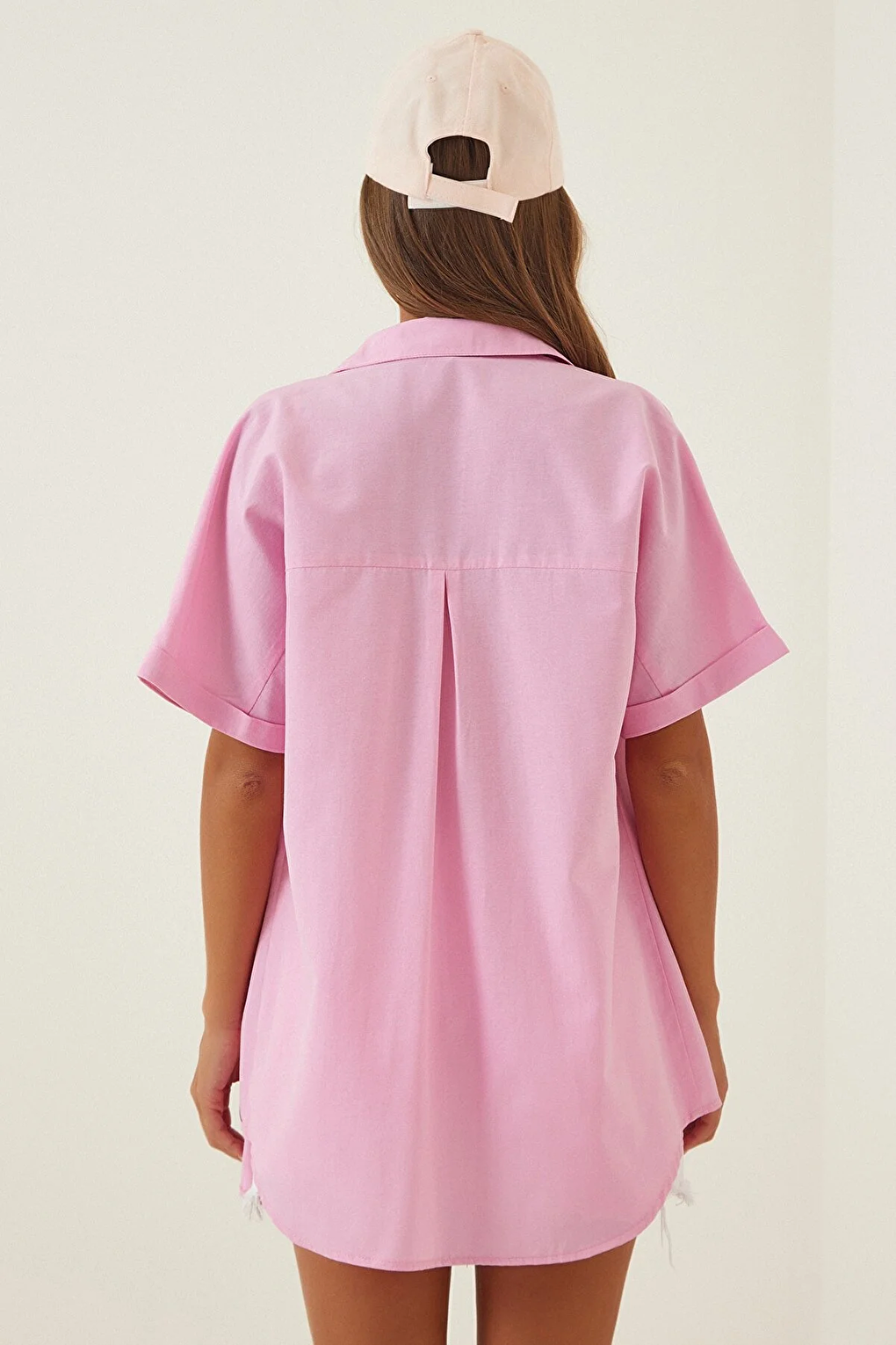 Women's Pink Oversize Long Short Sleeve Basic Poplin Shirt