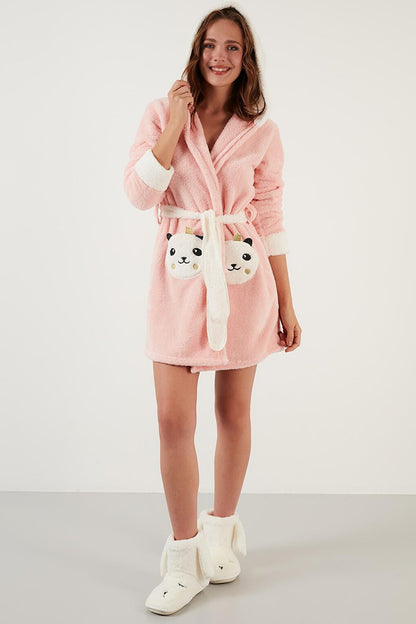 Waist-Tied Hooded Plush Dressing Gown with Pockets 6093040PANDA