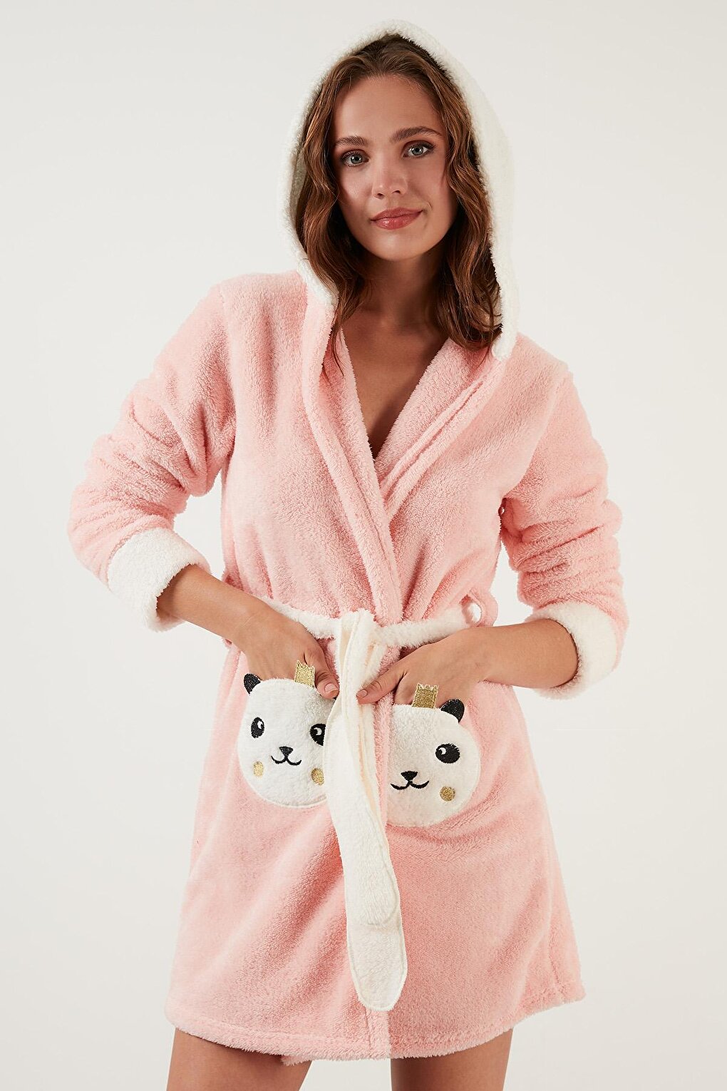 Waist-Tied Hooded Plush Dressing Gown with Pockets 6093040PANDA