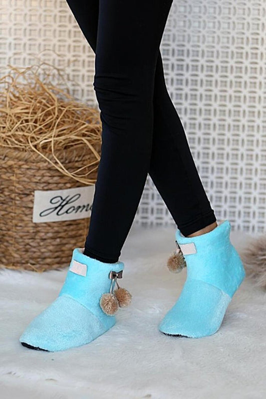 PVC Sole Women's Home Boots A098-20 Bebe Blue with Fleece Pompom