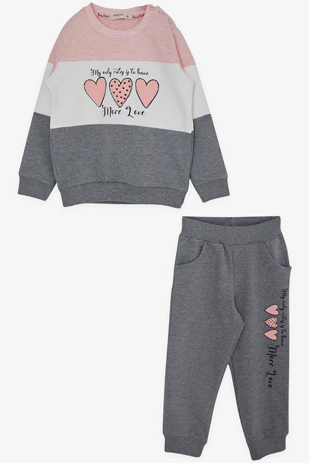 Girls' Tracksuit Set, Block Patterned, Heart Printed, Salmon Melange (Age 2-3)