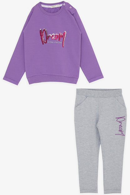 Girl's Tracksuit Set, Sequined, Embroidered, Text Printed, Purple (Age 2-3)