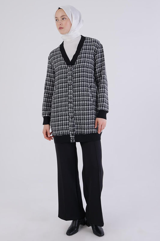 Black V-Neck Knitwear Garnished Tweed Jacket