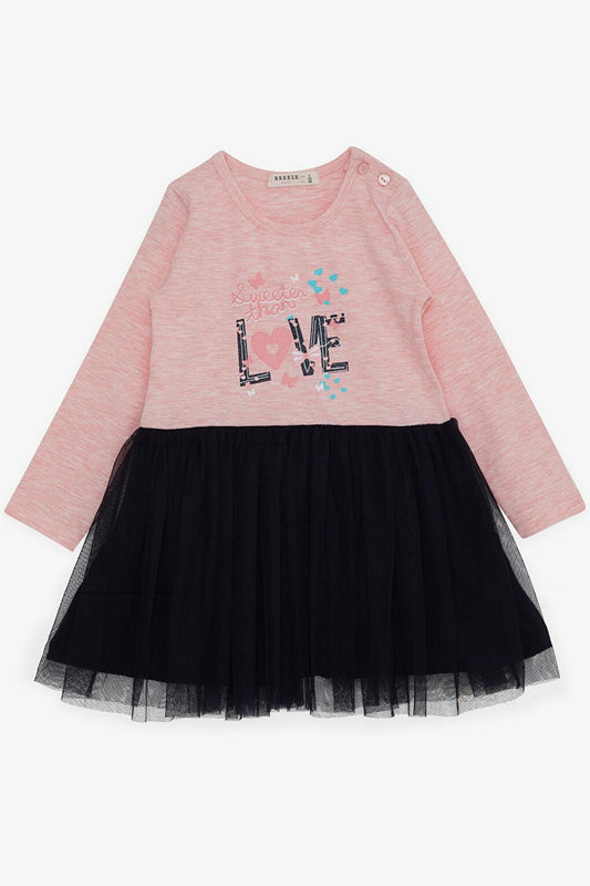 Girl's Long Sleeve Dress Tulle Text Printed Salmon Melange (Age 1.5-5)