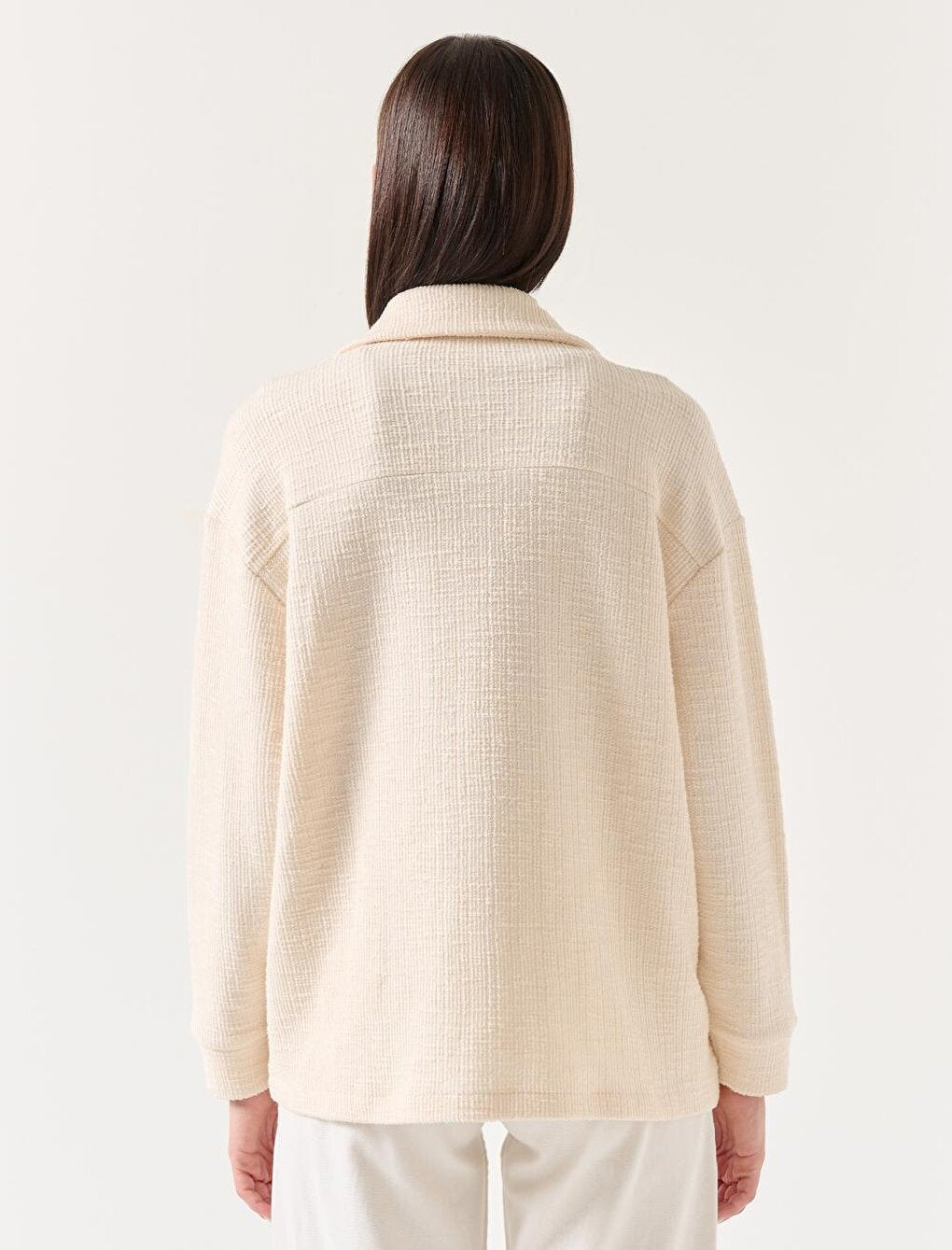 Ecru Loose Cut Shirt Collar Long Sleeve Knitted Shirt