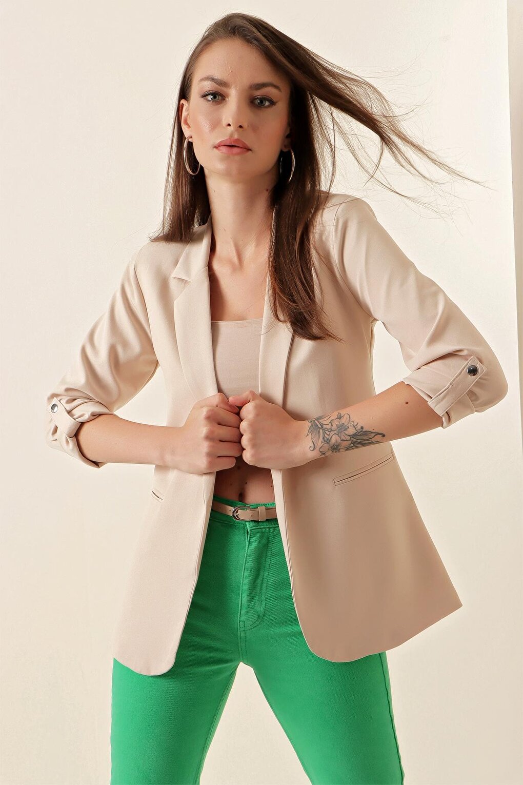 Women's Stone Double Breasted Collar Blazer Jacket