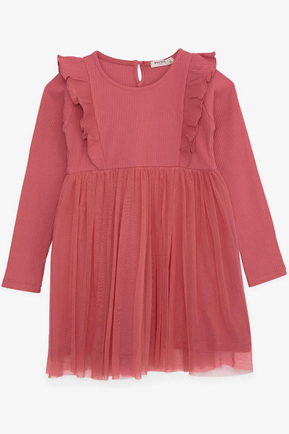 Baby Girl Long Sleeve Dress Ruffle Shoulder Tulle Cherry Rosy (4-8 Years)