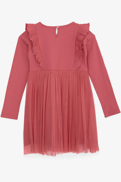 Baby Girl Long Sleeve Dress Ruffle Shoulder Tulle Cherry Rosy (4-8 Years)