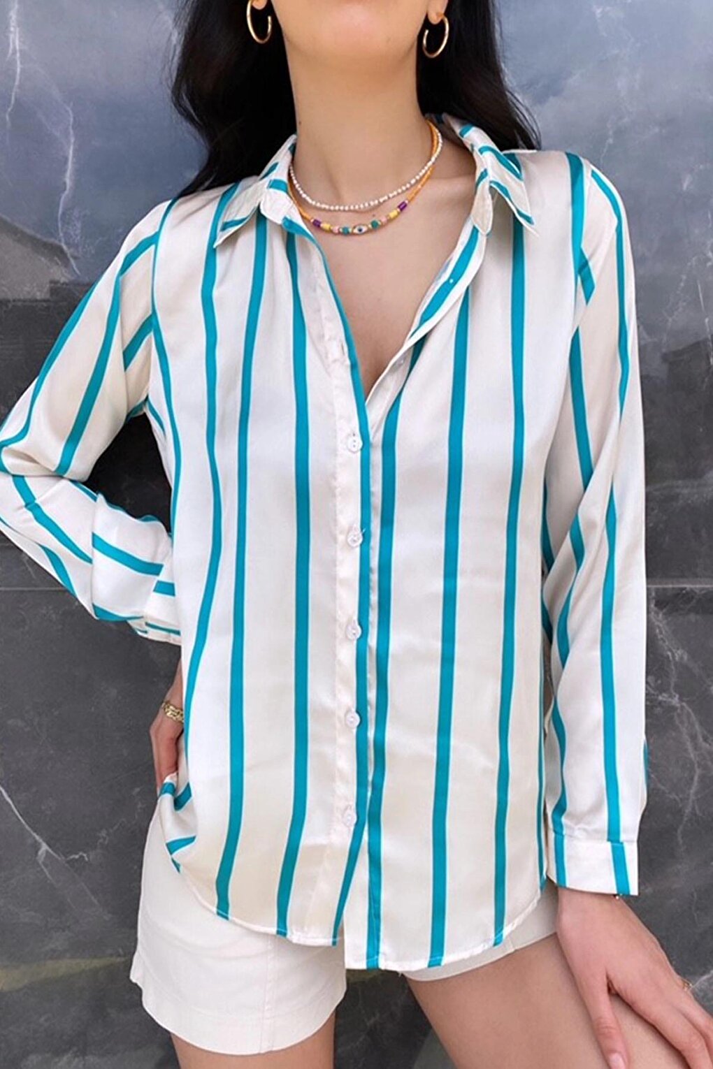 Petrol Blue Draped Viscose Basic Striped Satin Shirt